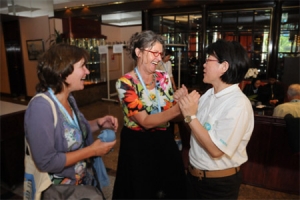 UN NGO representatives from Foundation for subjective experience and research (S.E.R. Foundation Germany ) happily greeting with FOWPAL member, friendly smile and love bring our hearts together 